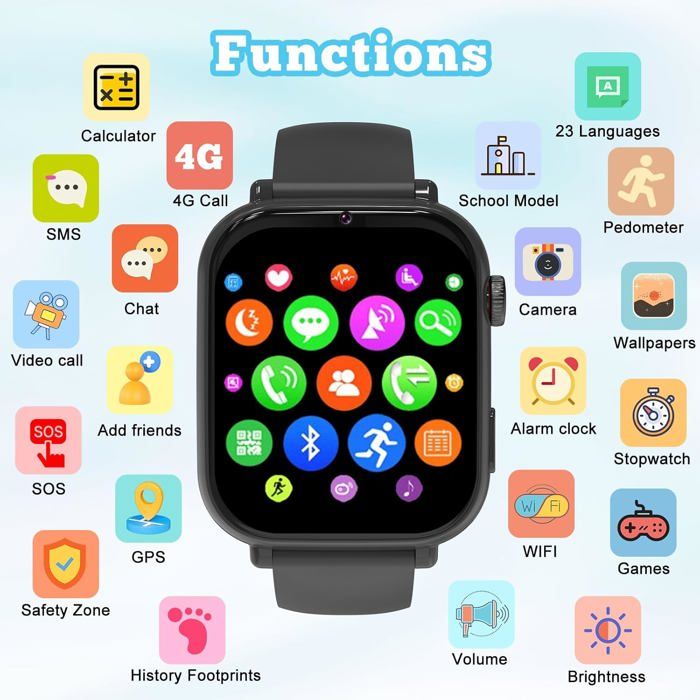 Montre Connectée Enfant 4G Avec GPS Et Appels - Smartwatch Téléphone Pour 4-12 Ans, Noir - 13