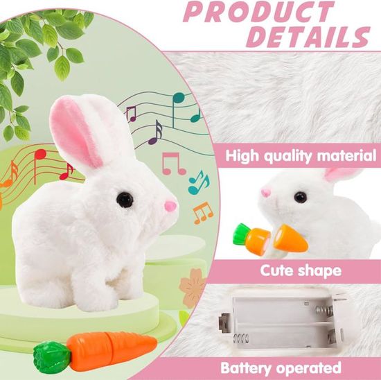 Starnearby Peluche Lapin Interactif Réaliste, Lapin de Paques Qui Saute, Frétille et Remue Les Oreilles, Doudou Lapin Réaliste, Cadeau de Pâques Anniversaire (Blanc