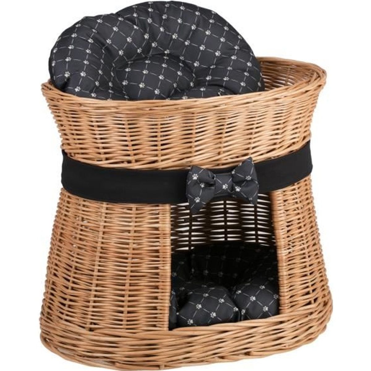Panier Maison En Osier A Deux Etages Panier Osier Avec Lit Au Dessus Et 2 Coussins Noirs Imprime Petits Pieds De Chat Achat Vente Corbeille Coussin Panier Maison En