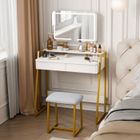 Mondeer Coiffeuse LED avec Miroir et Tabouret,Luminosité et Hauteur Réglables,2 Grands Tiroirs+Étagères,Structure Métal,Blanc&Doré