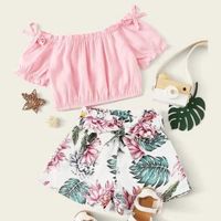 Ensemble de Vêtements d'Été Bébé Enfant Fille - Rose - Haut Court + Short Fleuri Nœud Papillon