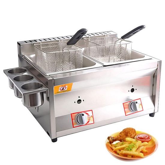 Friteuse à Gaz Professionnelle Double Bain - Capacité 10L/20L/30L - En Acier Inoxydable Avec 2 Paniers - Pour Restaurant, Snack - 7