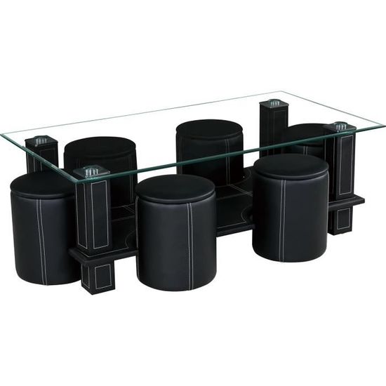 Table basse + 6 poufs SIXTY coloris noir