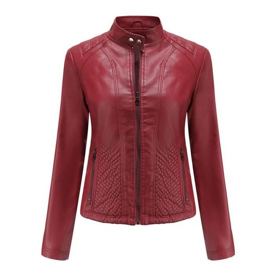 Femme Blouson Simili Cuir Col Montant Veste Zippee Slim Fit Couleur Unie  Pour Printemps et Automne Bordeaux