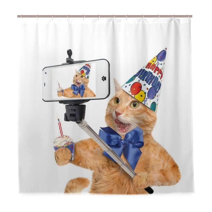 Rideau De Douche Chat Anniversaire Prenant Selfie Modern Kitty Party Anniversaire Humour Animal Salle De Bain Decor 180 180cm Cdiscount Maison