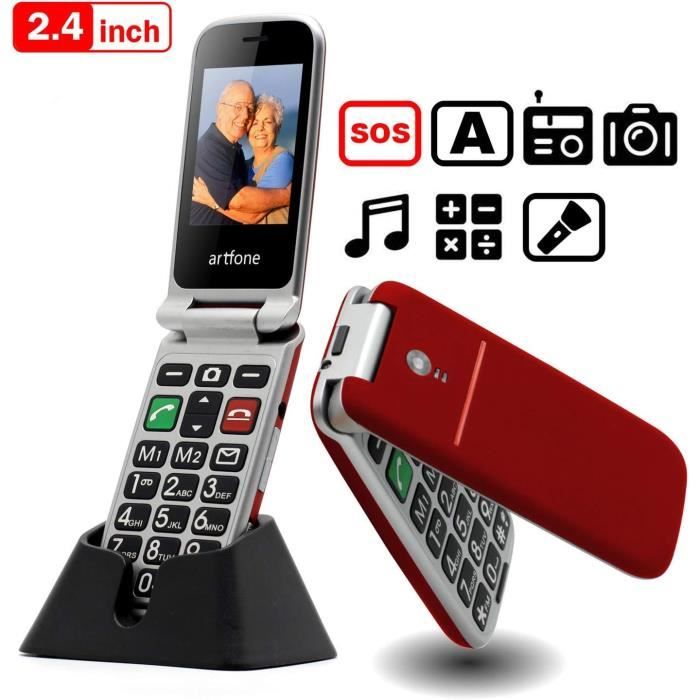 Téléphone Portable Débloqué Senior Téléphone à Clapet avec Grandes Touches Grand Ecran de 2,4 Pouces - SMS et MMS - Bluetooth - Base