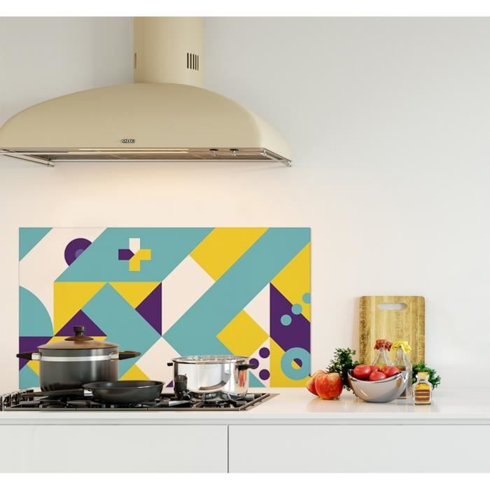 Crédence de cuisine adhésive en Panneau composite aluminium -Composition géométrique jaune, turquoise et violet style scandinave...