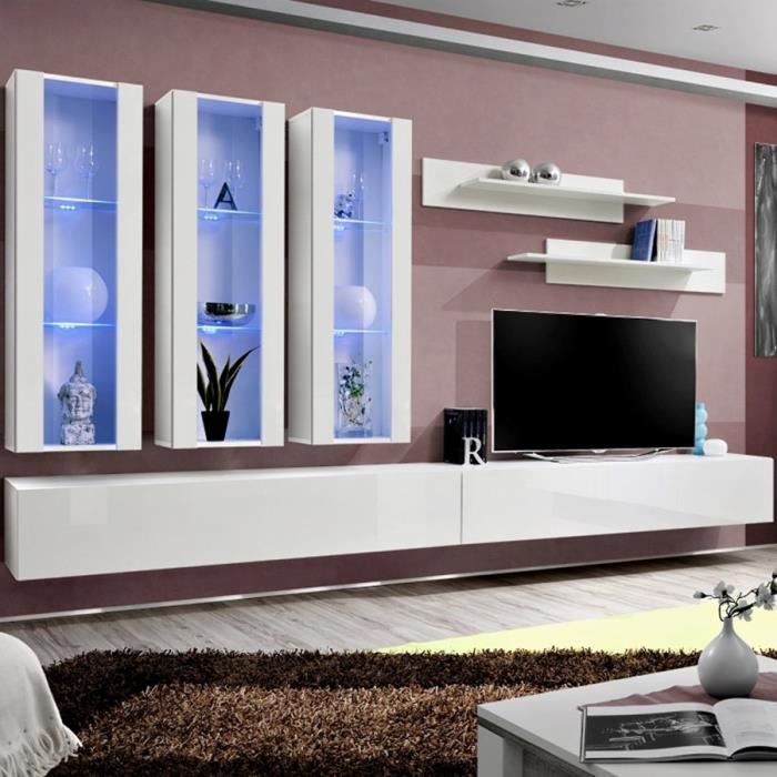 Meuble TV avec rangement blanc PIAZZA Blanc L 320 x P 40 x H