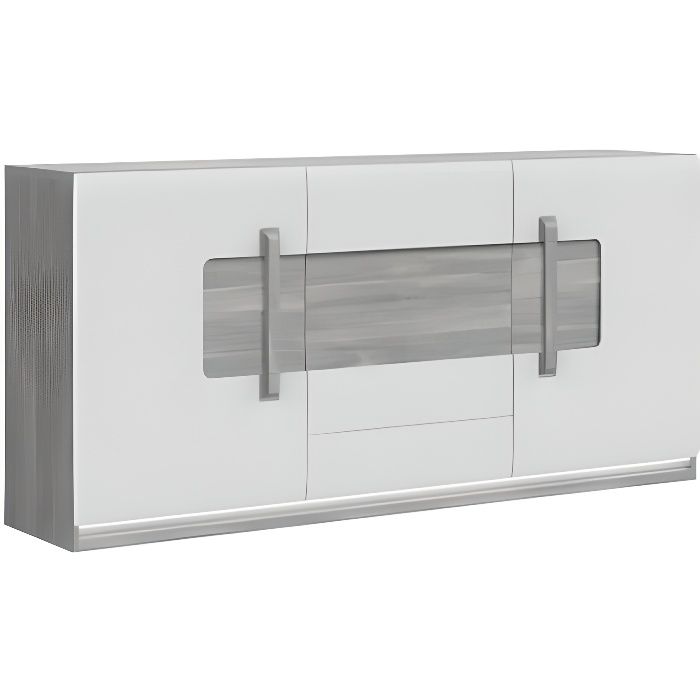 Buffet 3 portes blanc laqué et décor chêne gris avec éclairage LED - design contemporain - Collection ALEXIANE
