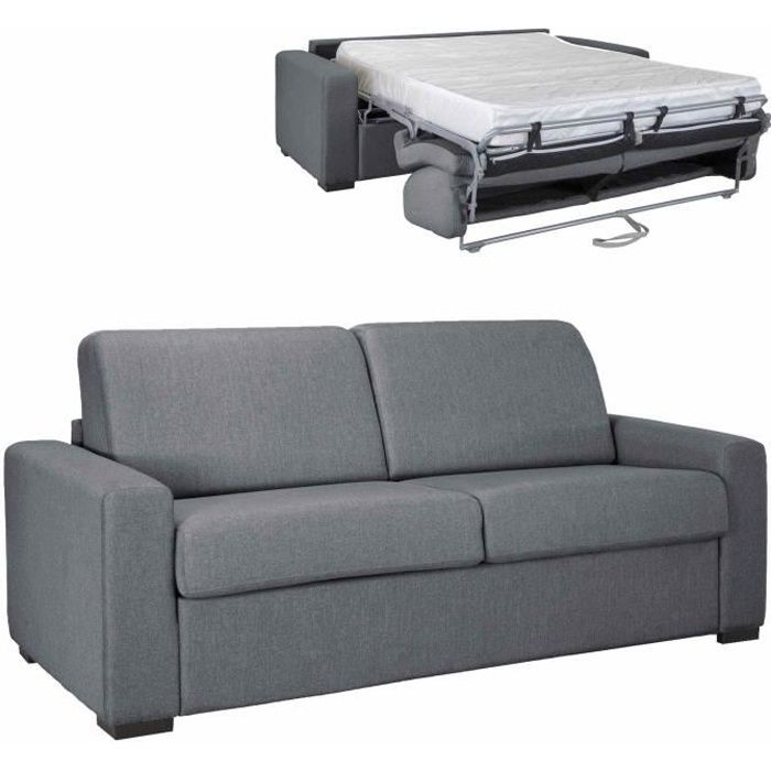 Canapé convertible 3 places LOUNA en tissu gris ouverture express matelas 14 cm