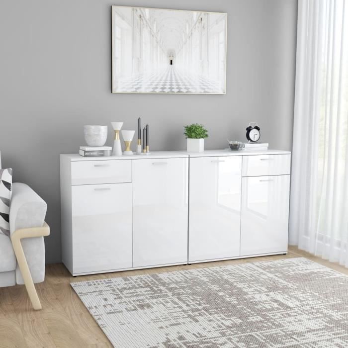 Buffet Blanc Brillant 160X36X75 cm Aggloméré @TXY077