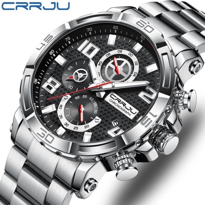 CRRJU Montre Homme Grand Cadran Étanche Bracelet en Acier Inoxydable Mains Lumineuses Montre à Quartz Mode