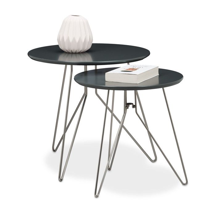 Relaxdays Table console table d'appoint canapé table basse gigogne lot de 2 design design moderne avec plateau rond en bois gris