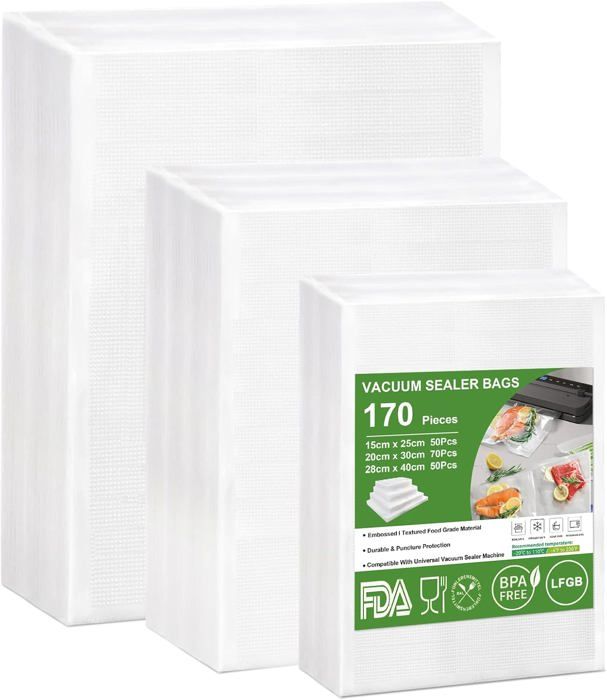 150 Buste Sottovuoto Per Alimenti | 3 Misure: 15x25cm, 20x30cm, 28x40cm | Senza BPA | Per Conservazione E Sous Vide