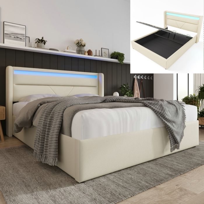 Lit coffre - LANGTU - 140x200 cm - LED multicolore télécommande - Coffre hydraulique - PU blanc imperméable