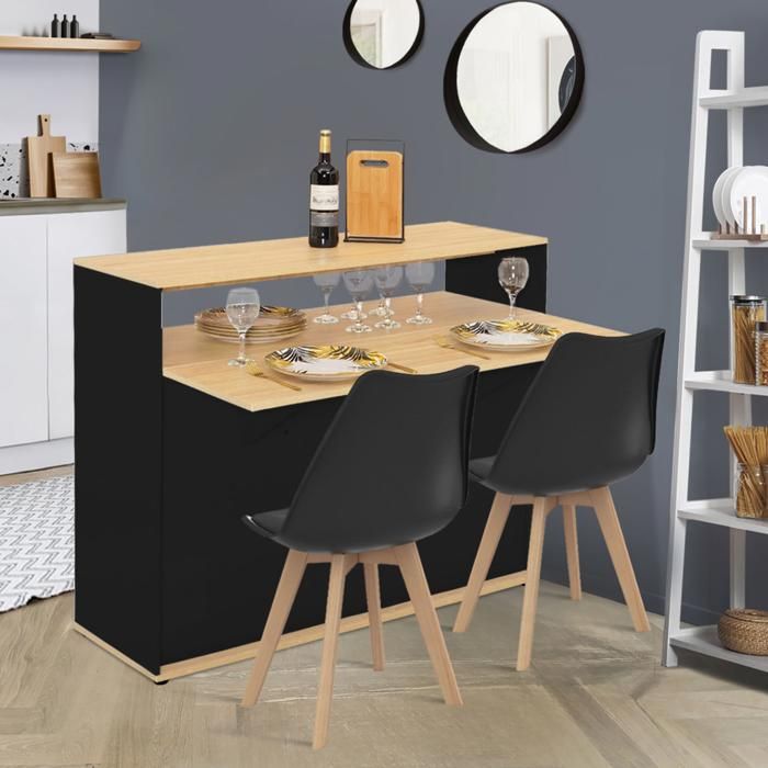 IDMARKET Meuble de bar extensible en table à manger 2 personnes VITO noir et plateau bois