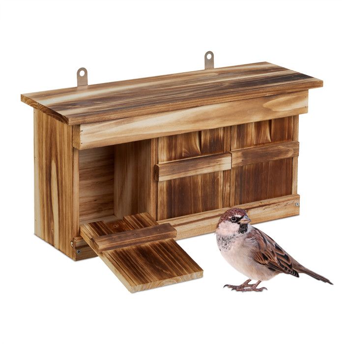 Comparer les prix de Relaxdays Nichoir dextérieur pour moineaux en bois de sapin 3 chambres de reproduction à suspendre marron