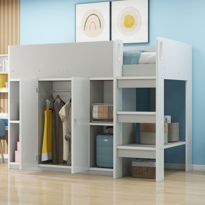 Lit mezzanine enfant 90x200 avec rangement penderie étagères échelle et structure stable gris - Sans Matelas