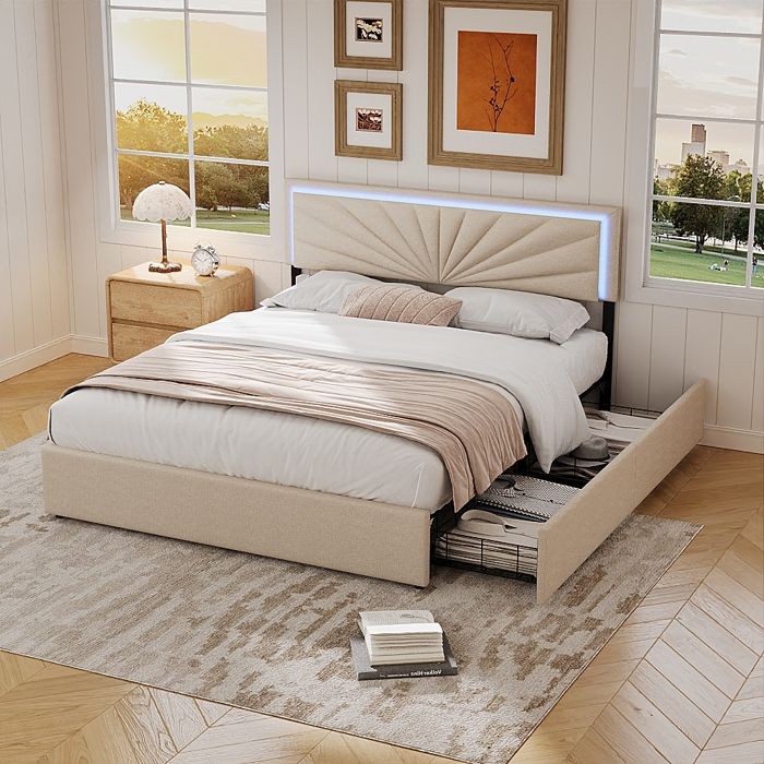Lit Double 160 x 200 cm Lit Rembourré avec 4 Tiroirs Lit avec éclairage LED Cadre de avec Tête de Réglable en Hauteur Beige
