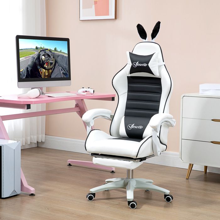 Chaise de gaming avec support lombaire hauteur réglable dossier inclinable oreilles de lapin et appui tête