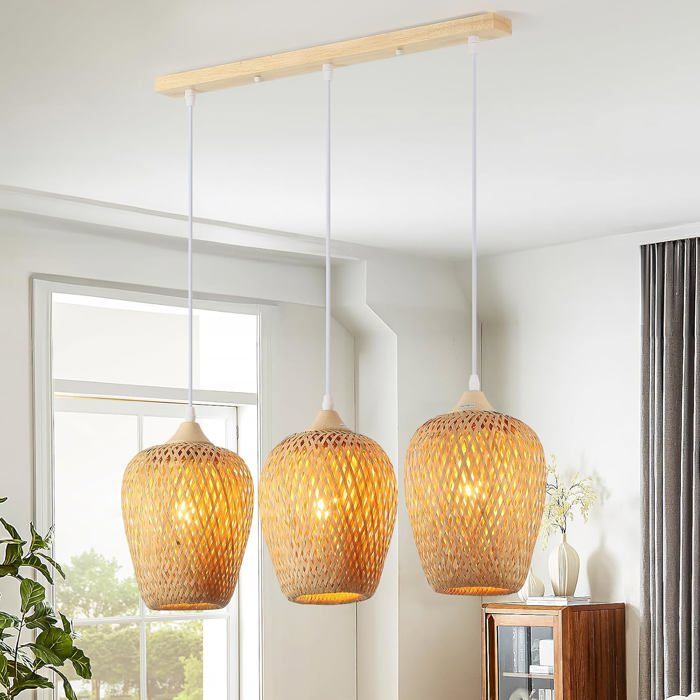 Suspension bambou tissée main 3 lumières E27 — style bohème vintage Ø20 cm hauteur 25 cm