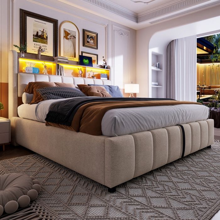 Lit coffre 180x200 avec LED et USB Lit adulte rembourré avec rangement sommier à Lattes 1 étagère 3 compartiments Lin beige