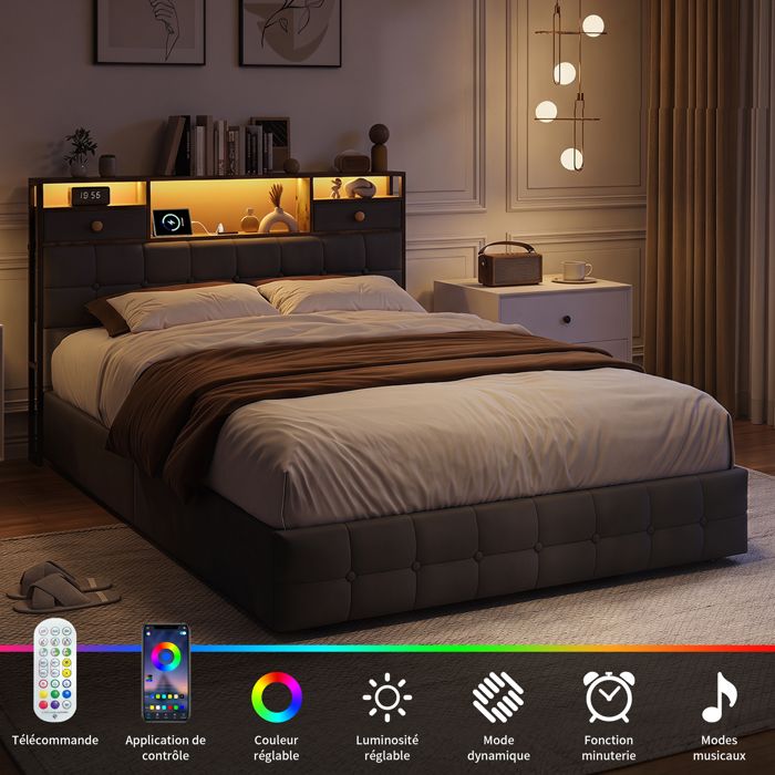 Lit 140x200 cm Lit Adulte 140x200 Tête de lit avec rangement USB et Lumières LED Lit coffre Lit Capitonné 2 placesVelours gris