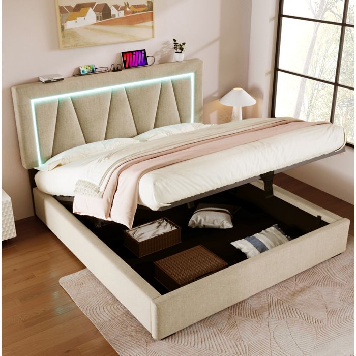 Lit coffre 160x200 cm lit adulte avec LED et ports USB/Type-C coffre de rangement tête de lit réglable lin beige