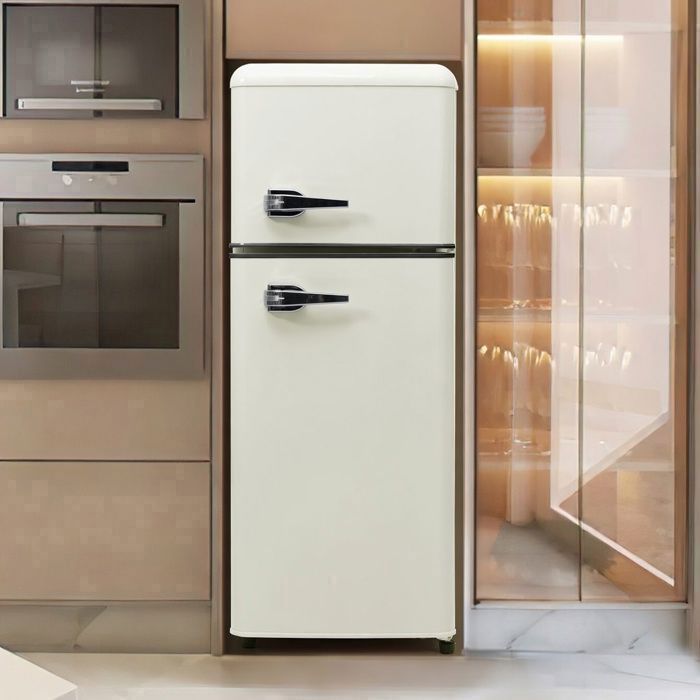 LINHOO Réfrigérateur Congélateur Rétro 92 L Double Porte avec LED et Étagères en Verre Température Réglable