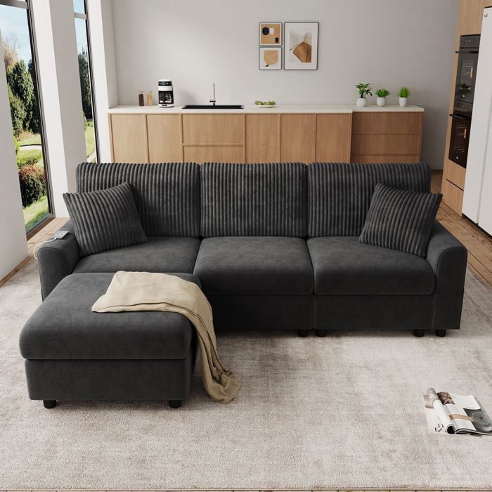Canapé dangle 4 places - Canapé Modulable avec USB/Type-C - Repose-pieds inclus et 2 Coussins - Chenille et Corduroy - Gris