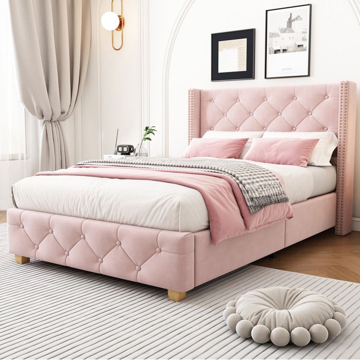 Lit capitonné 90 x 200 cm en velours rose avec tête de lit et sommier à lattes pieds en bois
