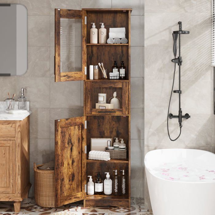 Meuble haut salle de bain 170cm marron vintage meuble étroit 2 portes + 1 tiroir étagère réglable rangement pour salle de bain