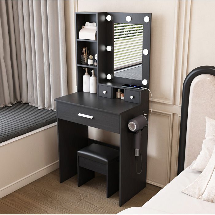 Coiffeuse avec miroir LED 3 modes prise intégrée 3 tiroirs étagère et tabouret rembourré noir Grjofek