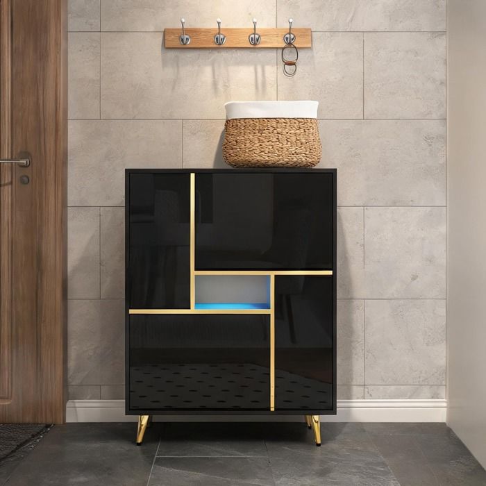 Rangement à chaussures pour entrée en panneau de particules jet black brillant éclairage LED 16 couleurs 80 x 25 x 96 cm