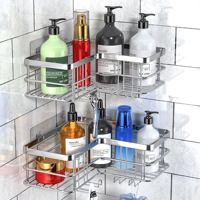 Lot de 2 étagères angle de Douche sans perçage pour Salle de Bain Baignoire étagère angle pour Salle de Argent