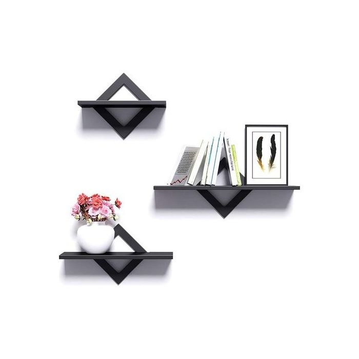 3pcs Étagères murales flottantes - Résistantes à lhumidité Installation invisible - Noir PVC 27 34 42 cm