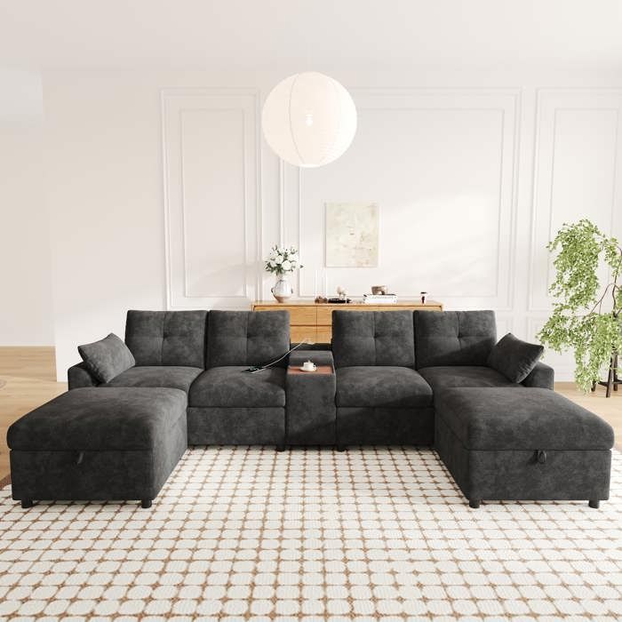 Canapé dangle modulable 6 places chenille avec 2 poufs de rangement porte-gobelets extensibles et ports USB-C 316 cm gris