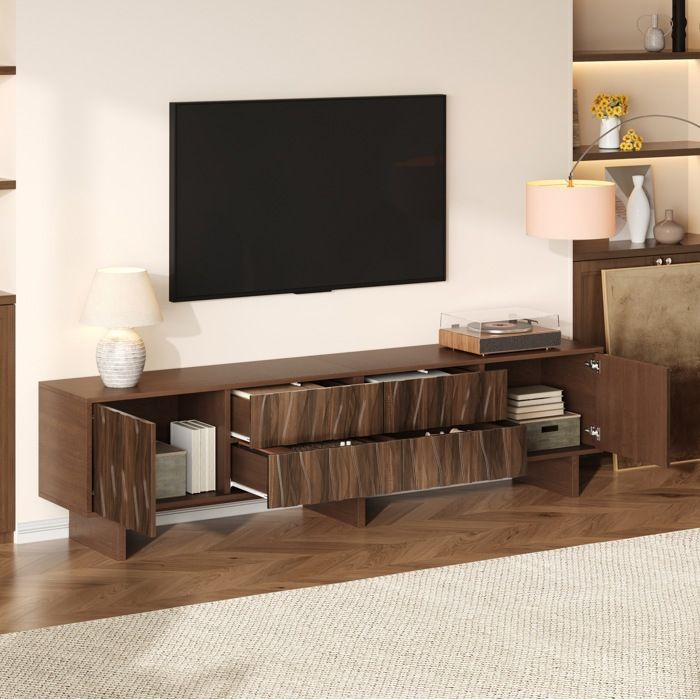 WUVRIE Meuble TV 180 x 40 x 56 cm 4 tiroirs 2 portes design ondulé noyer foncé jusqu’à 75 pouces