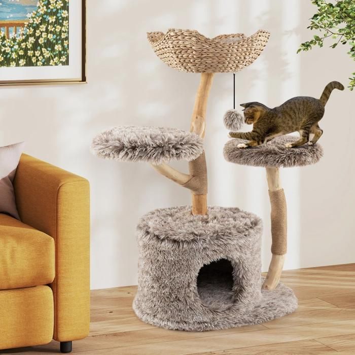 Arbre à chat en bois massif poirier 4 niveaux perchoir griffoirs sisal maison jouets suspendus base stabl 105 cm brun pour chats