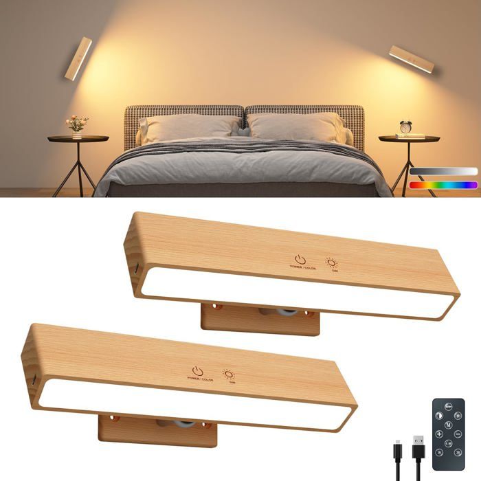 Applique murale LED sans fil rechargeable lot de 2 luminaires magnétiques en bois hêtre 22 cm éclairage intérieur chaleureux nomade