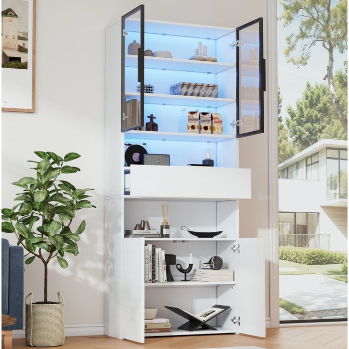 Vitrine buffet haut blanc 70 x 30 x 200 cm avec portes vitrées tiroir LED à contrôle app 2 espaces ouverts FOLYNA