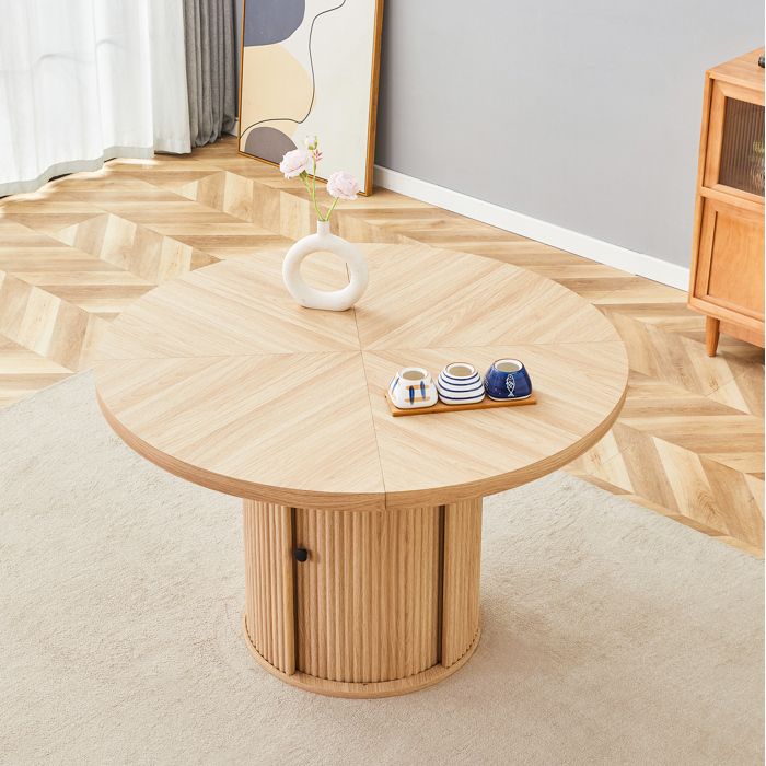 Table à manger ronde marron 115 x 115 x 74 cm rangement intégré MDF pied central pour 4 à 6 personnes