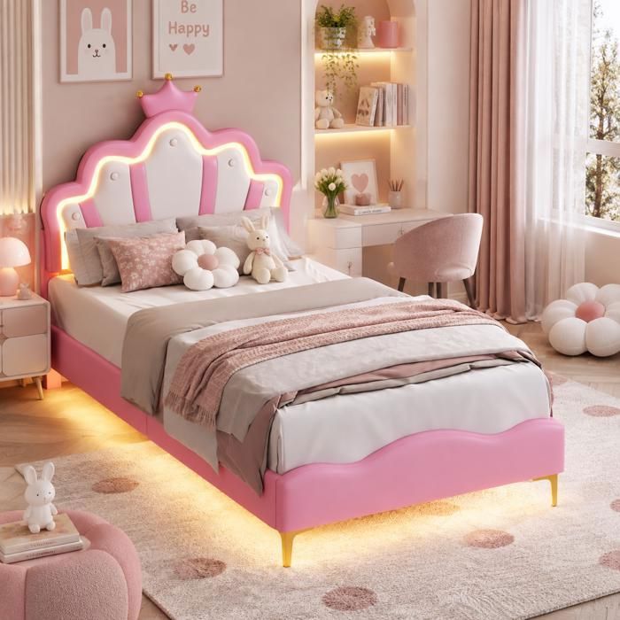 Lit enfant 90×190cm tête de lit réglable lit simple capitonné lumière LED et couronne cadre de lit 90×190 sommier à lattes PU Rose