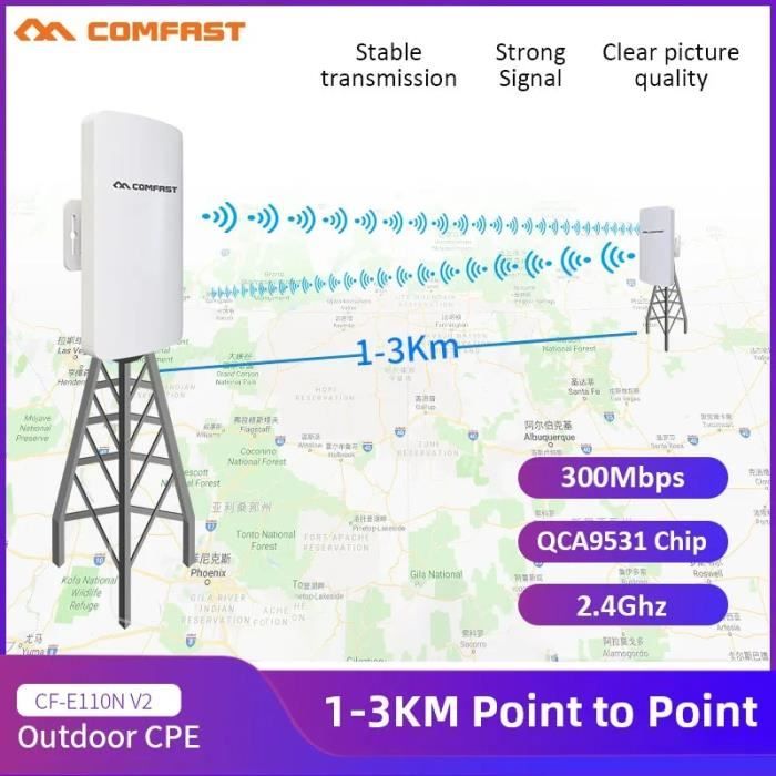 Pont sans fil longue portée extérieure, 300Mbps, 3km, 2.4G CPE, WiFi