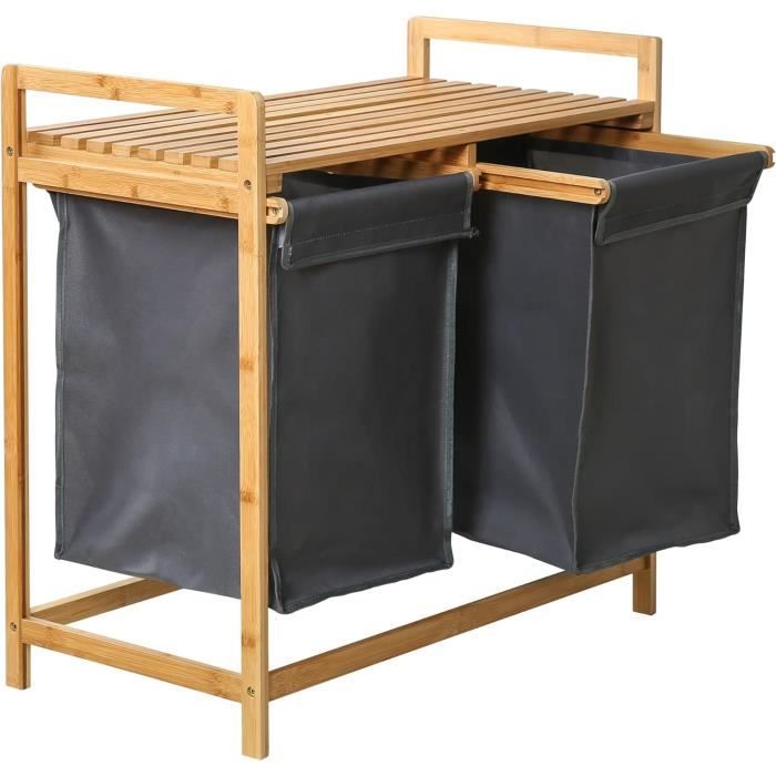 BAKAJI Panier à linge sale pour maison en bois de bambou et tissu récipient peu encombrant avec