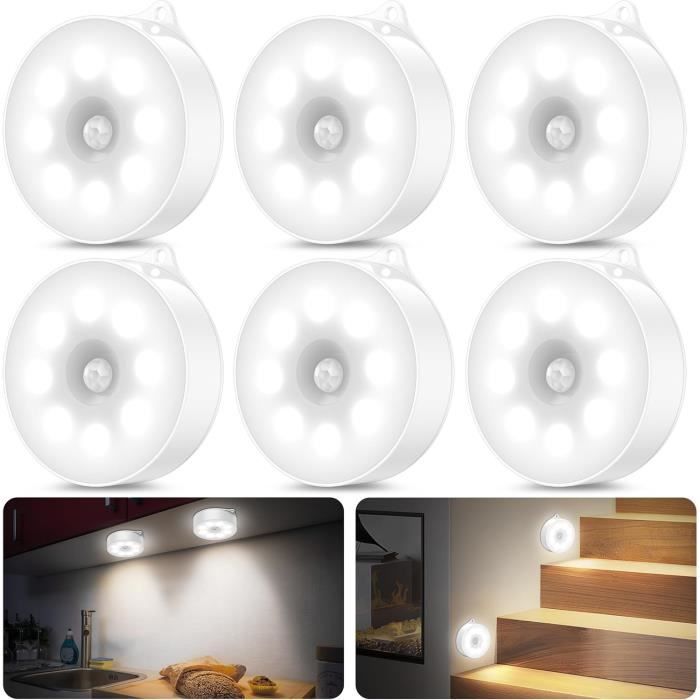 Lumiere detecteur de Mouvement Interieur Lampe led Detecteur de Mouvement， (6 morceaux de blanc froid nincluent pas les piles)