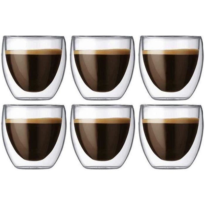 6 Tasses Café Inox 300ml - Double Paroi Anti-brûlure - Support Inclus