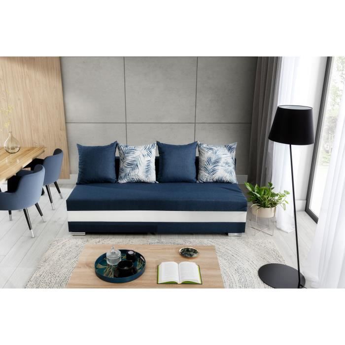 Canapé en lit Convertible avec Coffre de Rangement 3 Places Relax - en Tissu et Simili Cuir -Walia (Bleu Marine+Blanc)