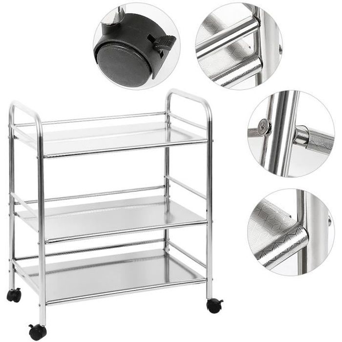 keluodae chariot de service desserte a roulettes stockage roulant de cuisine 3 plateaux inox 60 36 74cm cdiscount maison