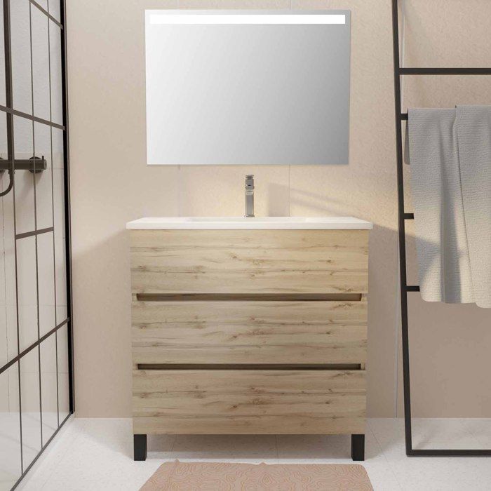 Pack Meuble SDB 80cm sur pieds 3 tiroirs Chene_Vasque blanche + Miroir Led - TIMBER 80_Pack46